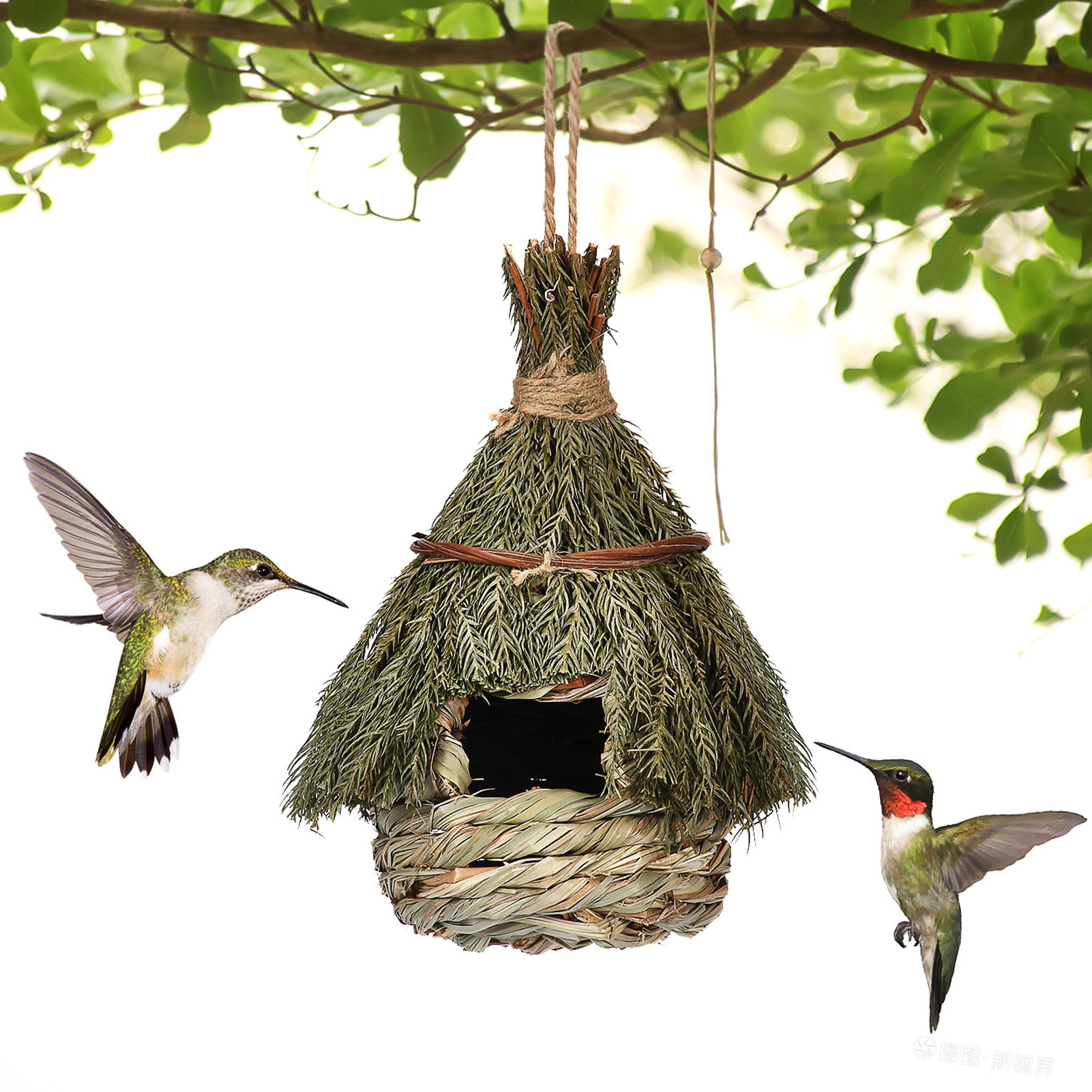 Hummingbird House Fiber Natural Grass Hand-Woven Roosting Bird Home Hanging Nest 