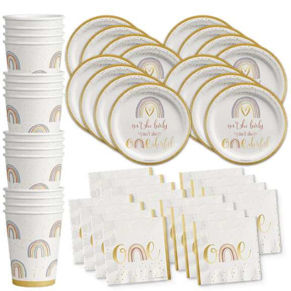 Isn't She Onederful Rainbow 1st Birthday Party Supplies Set Plates Cups and Napkins Tableware Kit for 16