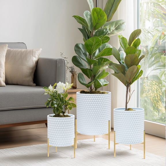 White Metal Plant Pots with Gold Stands, Set of 3 for Porch and Patio