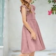 thumbnail image 2 of Cotton Linen Dress Girls Ruffled Collar Crew Neck Solid Color Midi Dresses Summer Comfy Casual Clothes (1-2Years, Pink), 2 of 6