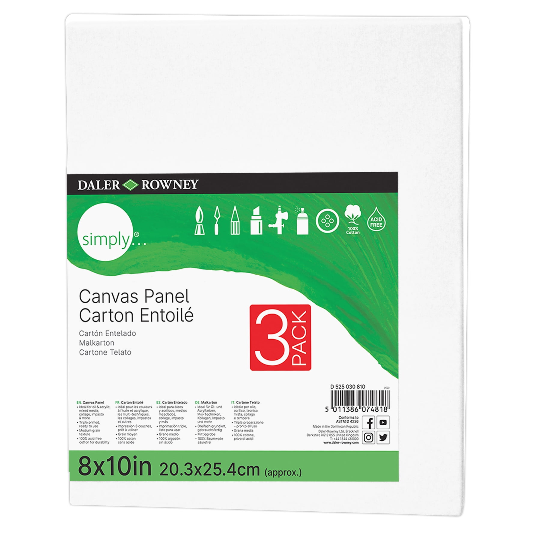 Daler-Rowney Simply White Canvas Panels Set, 8" x 10", 3 Per Pack, 6 Packs