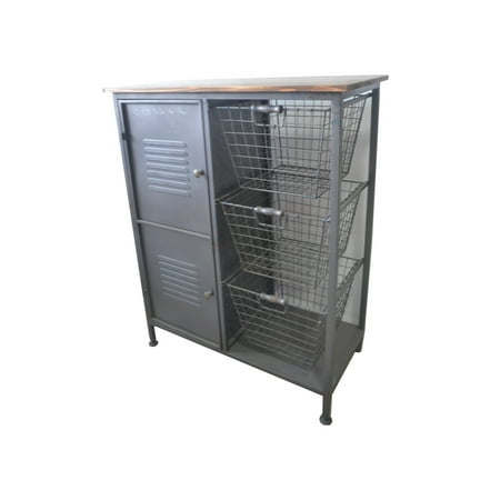 Metal Cabinet With Drawers Emerald Home Manchester Aged Metal and Blonde Wood Accent Cabinet with Three Metal Basket Drawers, Removable Shelf, And Wood Top ()