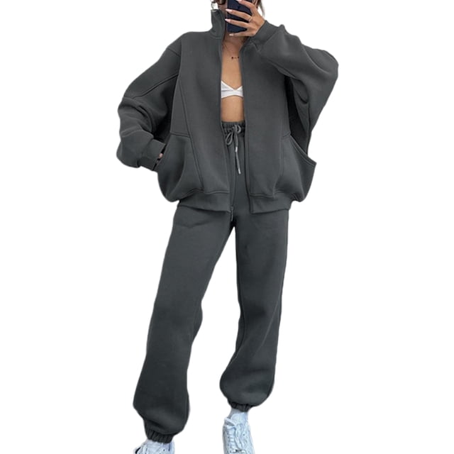 Innerwin Two Piece Outfit Long Sleeve Women Sweatsuits Jogging Solid Color Casual Tracksuit Sets Dark Gray M