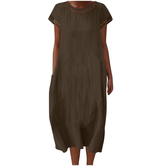 Kvture Womens Linen Dress Summer Casual Lightweight Short Sleeve Crew Neck Hollow Out Midi Shirt Dresses Loose Fit Sundress Coffee