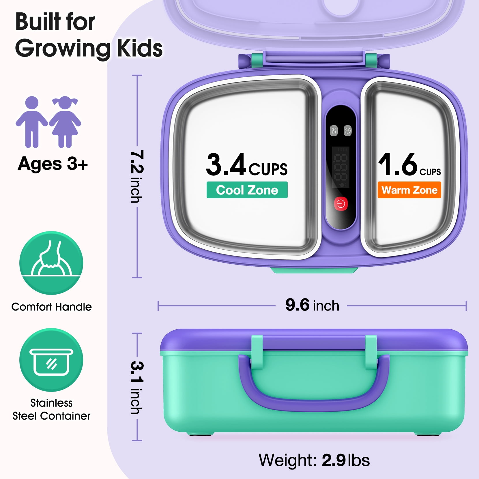 MPOW Cordless Electric Lunch Box, Heated Lunch Box for Kids, Battery Powered with Automatic Scheduled Heating - 2 Compartments & 2 Temperature Zones (Violet Purple)
