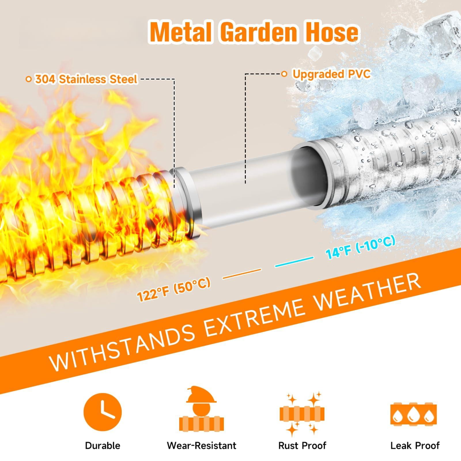 Metal Garden Hose 25 Ft - 304 Stainless Steel Water 25 Expandable Short Flexible No Kink Explosion  Bite