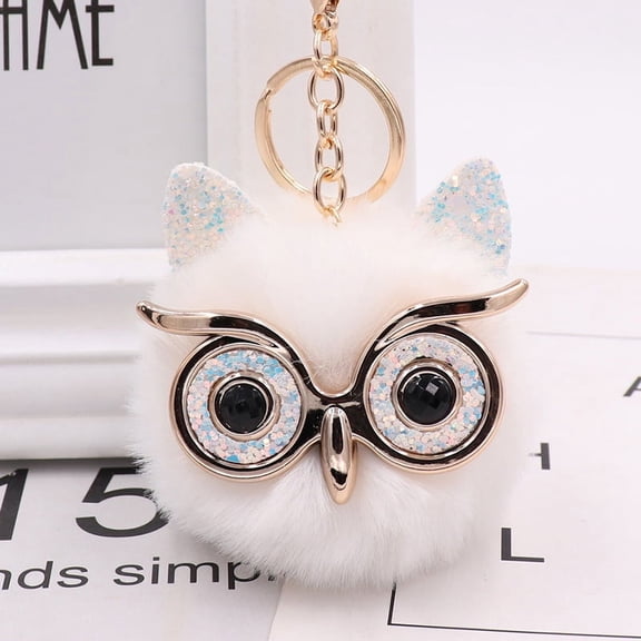 Cute Owl Keychain Artificial Rabbit Hairy Pom-pom Key Ring Women Bag Pendant