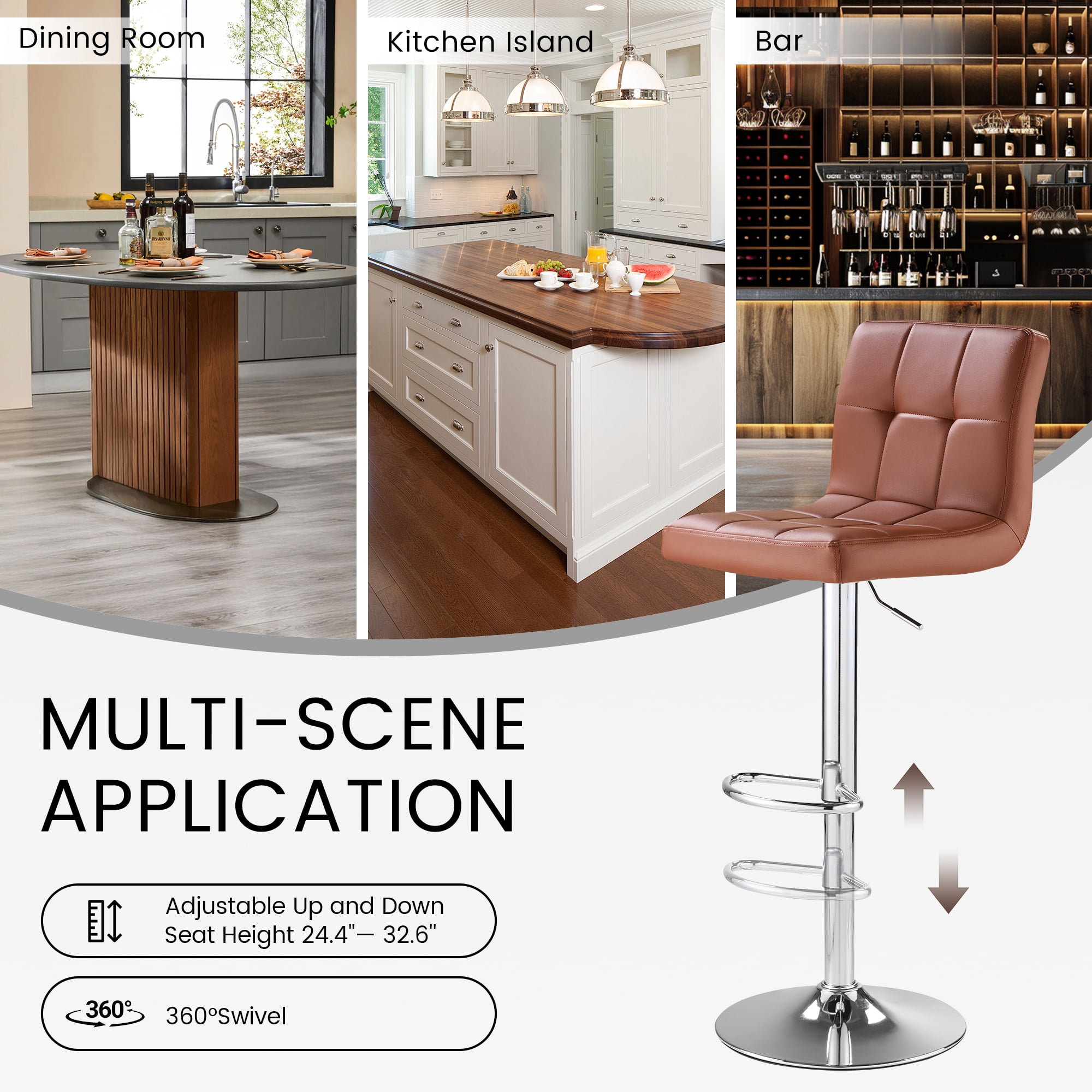 SAETSFEG Bar Stools, Thickened Seat Cushion Adjustable Swivel Bar Stool with Backrest, Counter Height PU Leather Bar Chairs for Kitchen Island, Dining Room, Brown