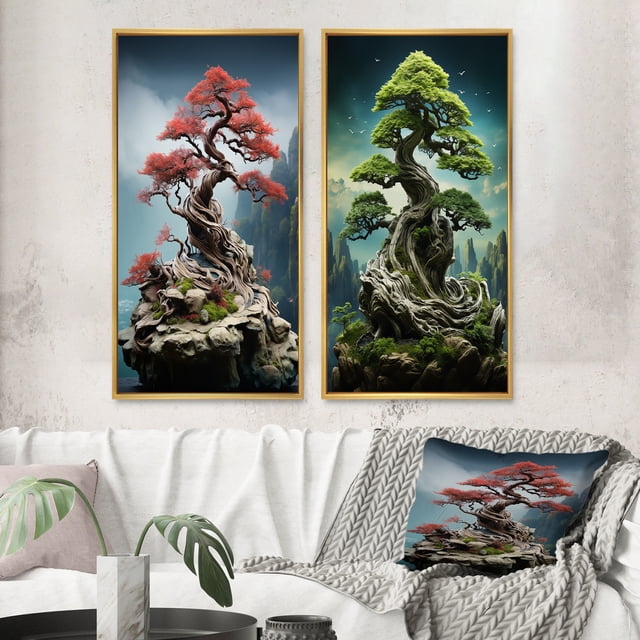 Designart "Bonsaï Sagesse Beauté Asiatique VI" Art Asiatique Encadré Ensemble de 2 - Personnes Rouges Encadrées Ensemble de 2