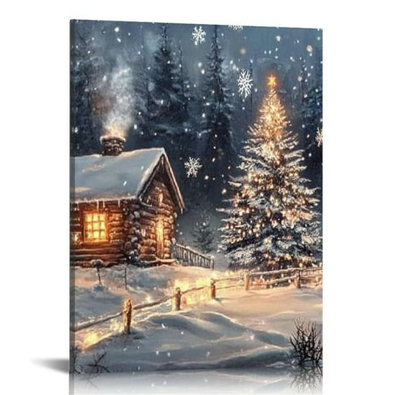 LHONGY Christmas Canvas Wall Art, Snow Covered Winter Village Night Painting, Winter Snow Scene Canvas Wall Art, Rustic Pictures Wall Decor 12x16 in