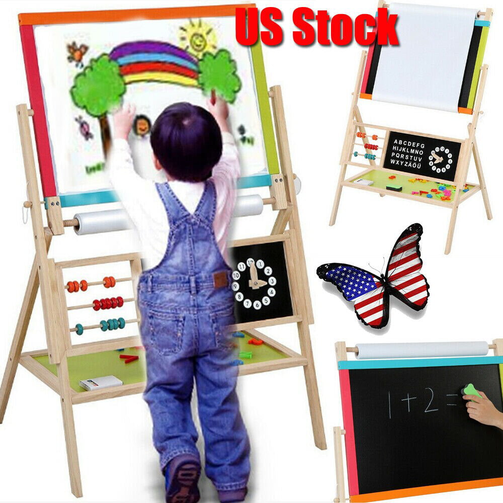 Wooden Art Education Easel with Clackboard/Color Chalk/Black and White Board Erase/Roll Paper/Beads All-in-One Multifunction Kids Easel 