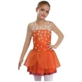 thumbnail image 3 of YiZYiF Kids Girls Figure Ice Skating Dress Rhinestones Splice Mesh Long Sleeve Tutu Skirt Dance Leotard Orange 12, 3 of 7