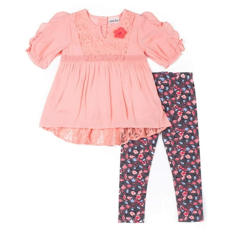Floral Outfit Girl - Little Lass Chiffon Lace Detail Blouse & Floral Leggings, 2-Piece Outfit Set (Toddler Girls)