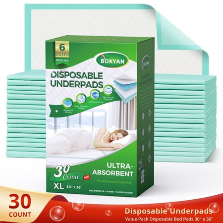 bokyan bed pads for incontinence disposable, 30 x 36 waterproof underpads, maximum absorbent unisex chucks pad, bed liners chux for adults, kids and pets, xl (30 count)