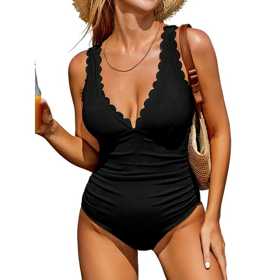 Charmo Scalloped V Neck One Piece Swimsuit for Womens Tummy Control Monikini Swimwear Adjustable Straps
