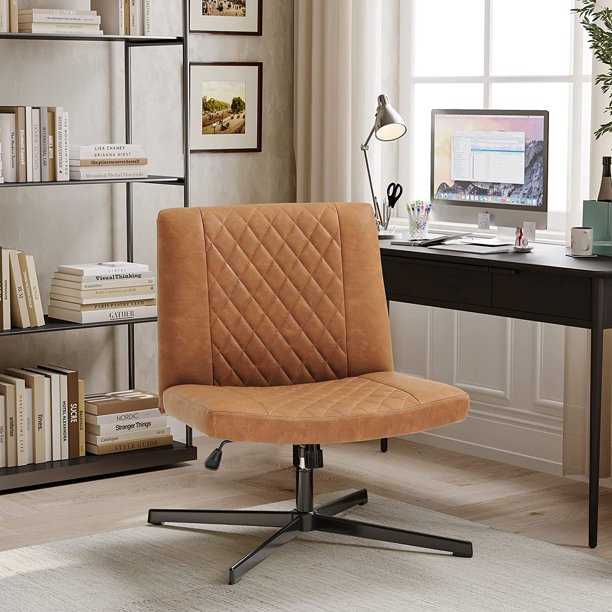 DICTAC Leather Office Chair Armless Desk Chair no Wheels, Brown Modern