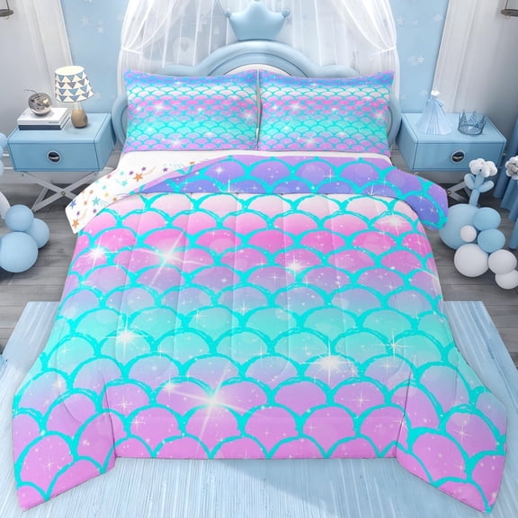 jejeloiu Ocean Mermaid Print Full Size Comforter Sets,Pink Blue Ombre Bedding Sets For Girls Kids Reversible 3 Pieces