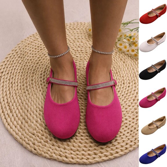 Women Rhinestone Mary Jane Flats, Round Toe Sparkly Buckle Strap Flat Shoes, Soft Comfort Ballet Shoes for Wedding Party