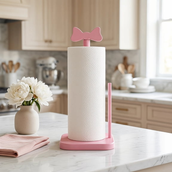 Pink Bow Paper Towel Holder, Coquettish Cute Bow Wooden Paper Towel Holder, Pink Bathroom Countertop Accessories, Kitchen Roll Stand Organizer, Standing Apartment Decor, Housewarming Gift