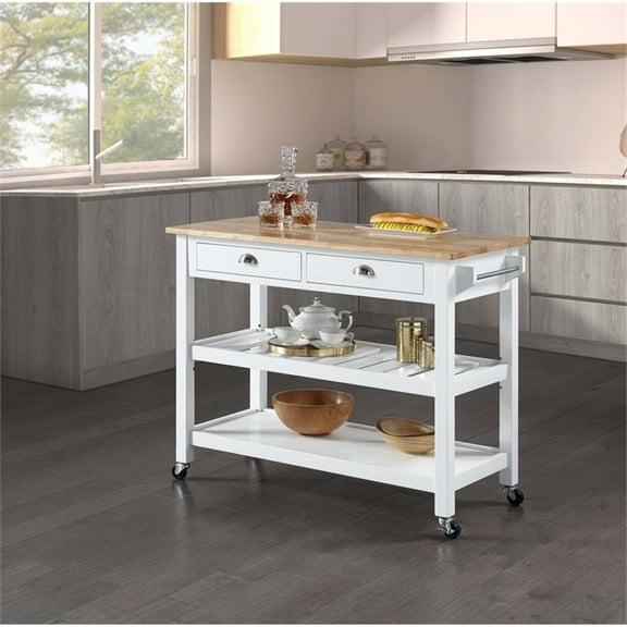 Pemberly Row Modern Block Top Kitchen Cart in White Wood Finish