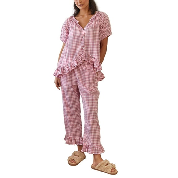 Michellecmm Women’s 2 Piece Pajama Set Short Sleeve Plaid Print Button Up Shirt   Ruffle Pants Set Sleepwear Loungewear