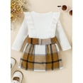 thumbnail image 3 of WIFORNT Baby Girls Autumn Outfit Sets Solid Color Long Sleeve Ruffle Romper + Plaid Skirt with Belt, 3 of 9