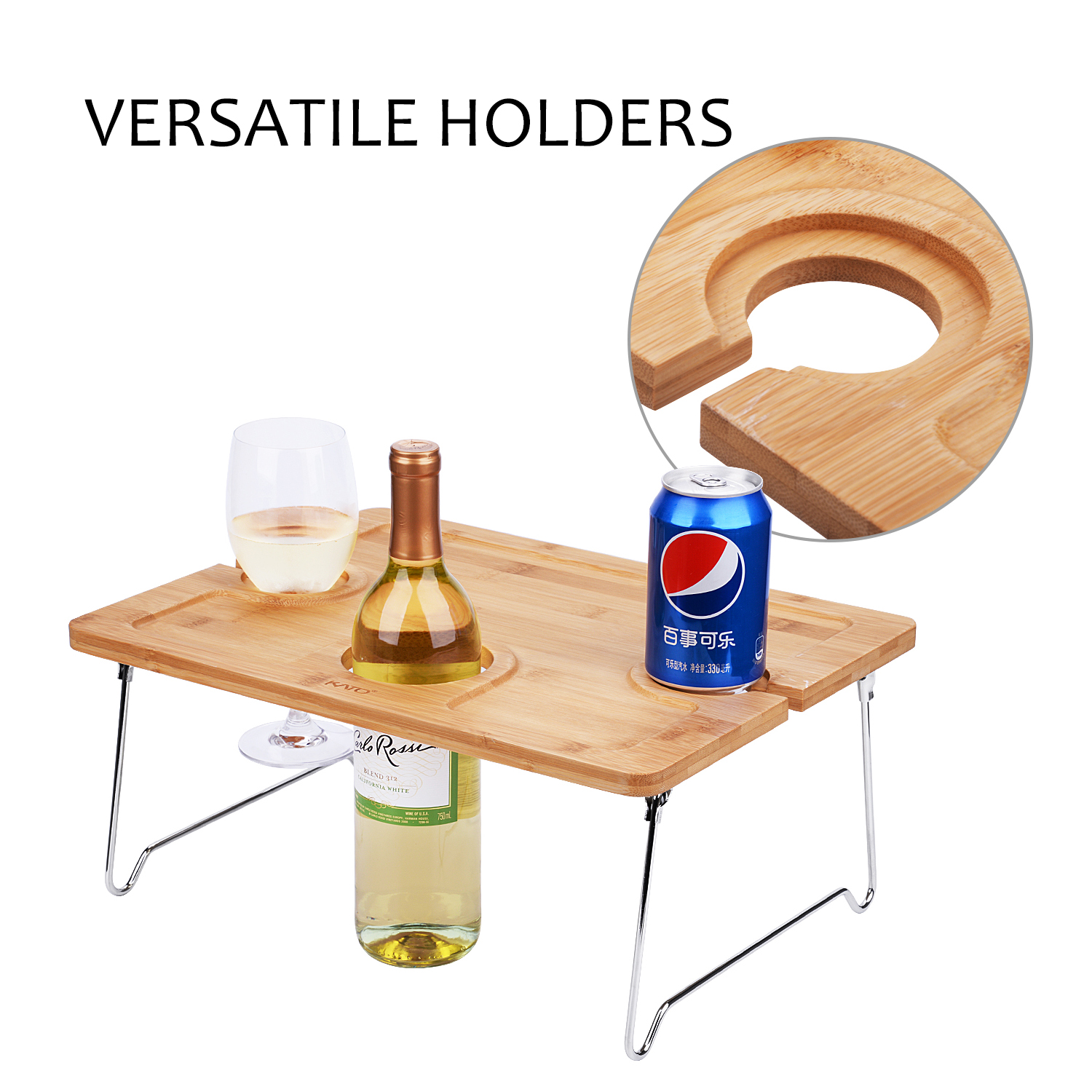 Kato Outdoor Wine Picnic Table, Folding Portable Bamboo Camping Table with Wine Glasses & Bottle Holder for Concerts at Park, Beach, Ideal Wine Lover Gift - image 3 of 9