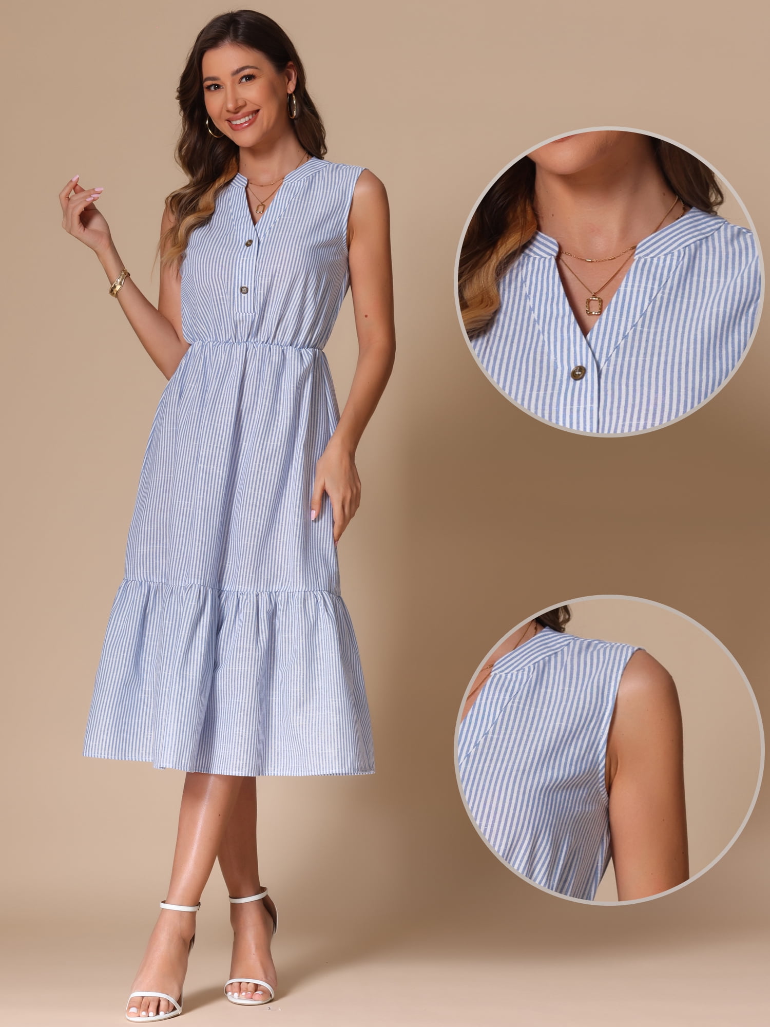 DARING DIVA Stylish Striped Midi V-Neck Sleeveless Dress S Blue