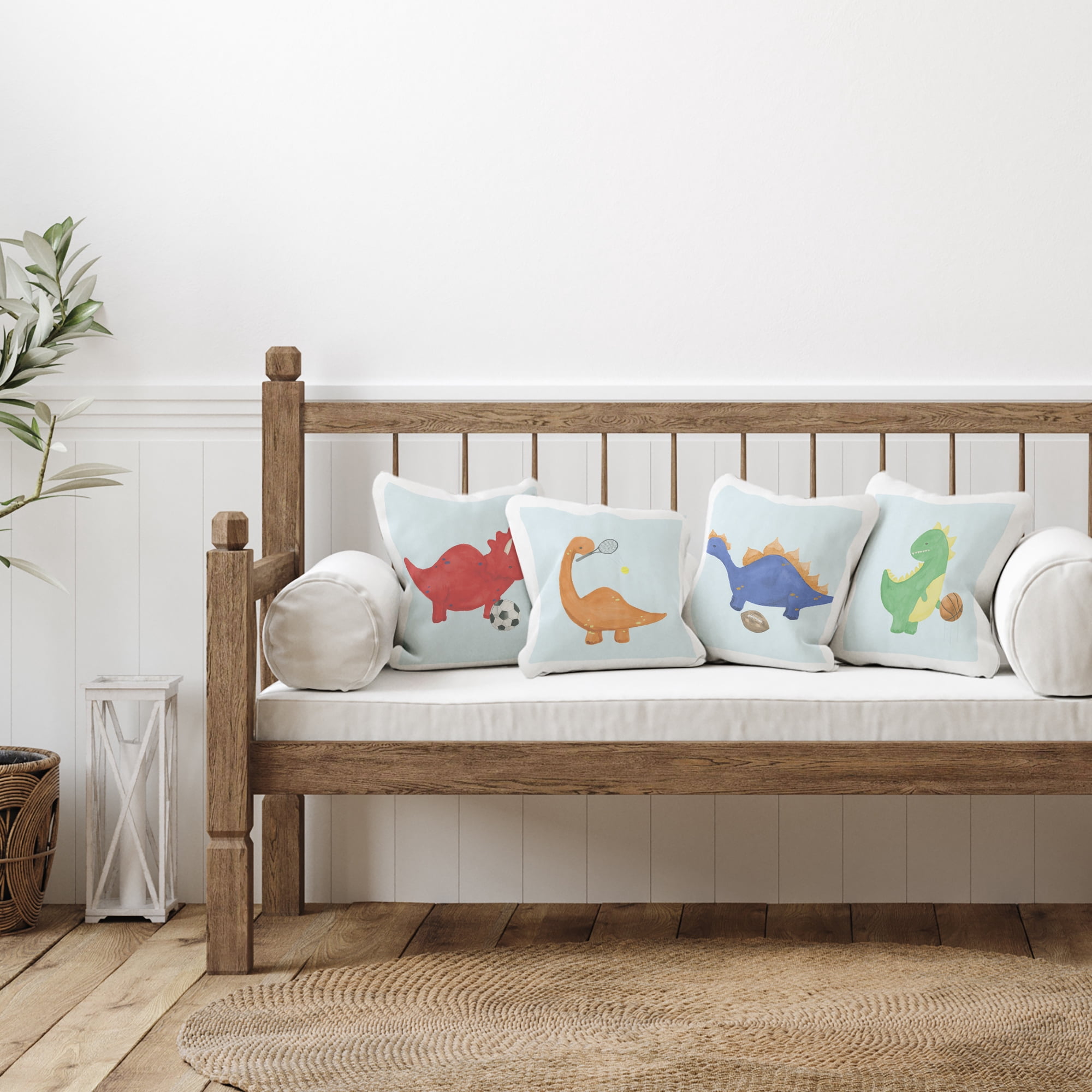 Stupell Industries Baby Dinos Playing Sports 4 Piece Decorative Printed Throw Pillow Set, design by Lucille Price