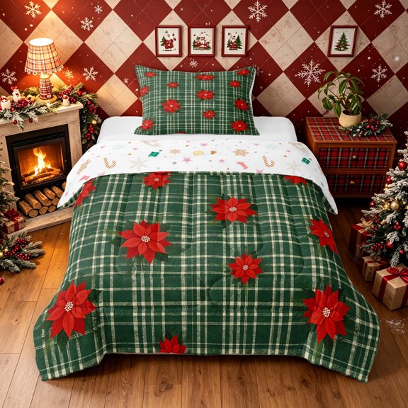 Erosebridal Retro Western Plaid Twin Comforter Sets, Poinsettia Flower Bedding Set, Dark Green, Christmas Reversible, 2-Piece, 1 Comforter and 1 Pillowcase