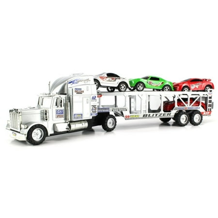 Go Speed Champion Trailer Friction Powered Toy Truck w/ Trailer, 4 Toy Cars (Colors May Vary)