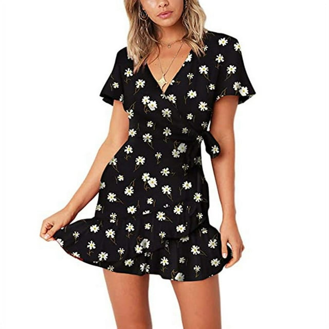 Femmes Été Wrap V Cou Polka Dot Imprimer Volant à Manches Courtes Mini Robe Florale avec Ceinture, T6, S
