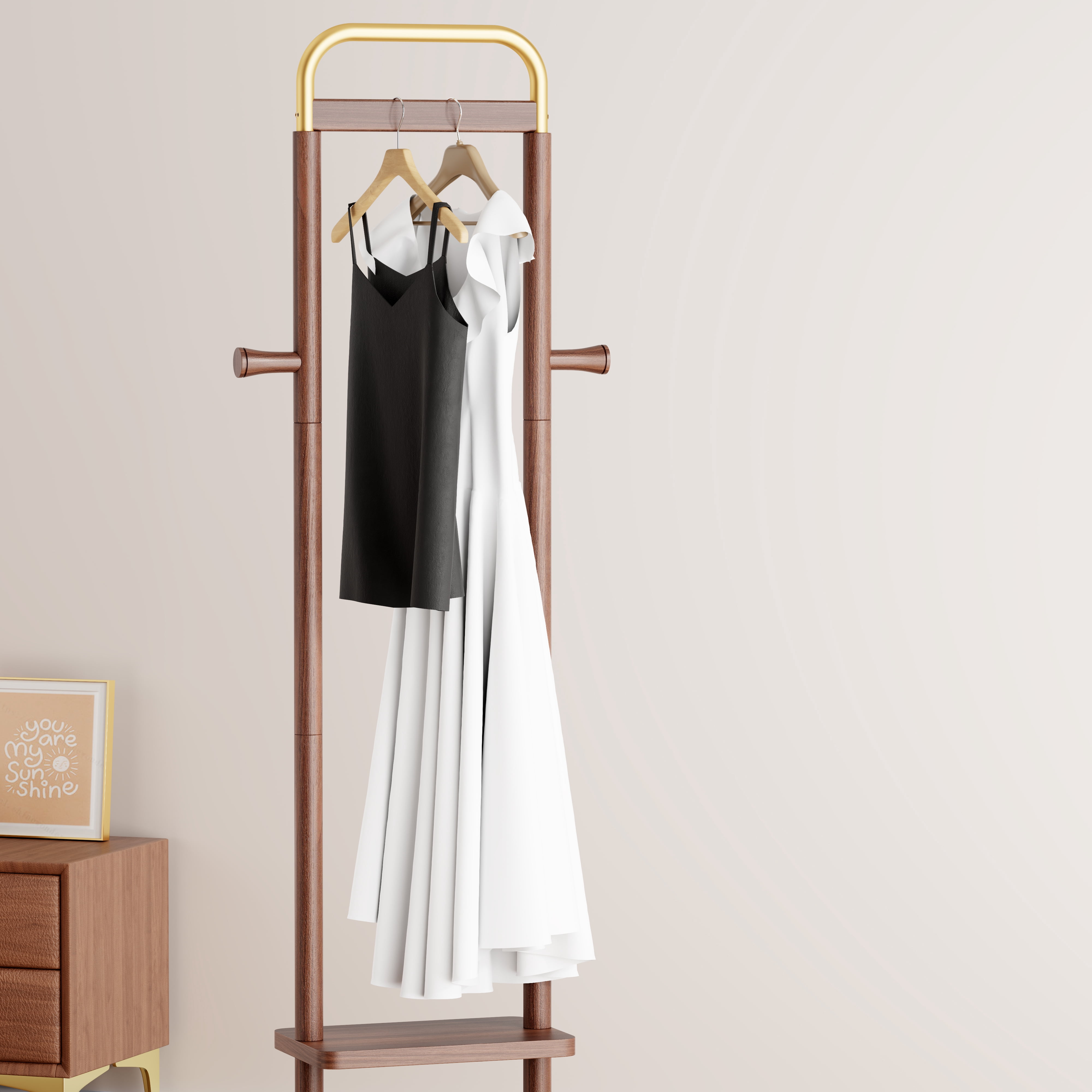 HOQBN 71"H Coat Racks Solid Wood Hanger with Wheel,Easy to Assemble for Bedroom,Hallway,Living Room,Walnut