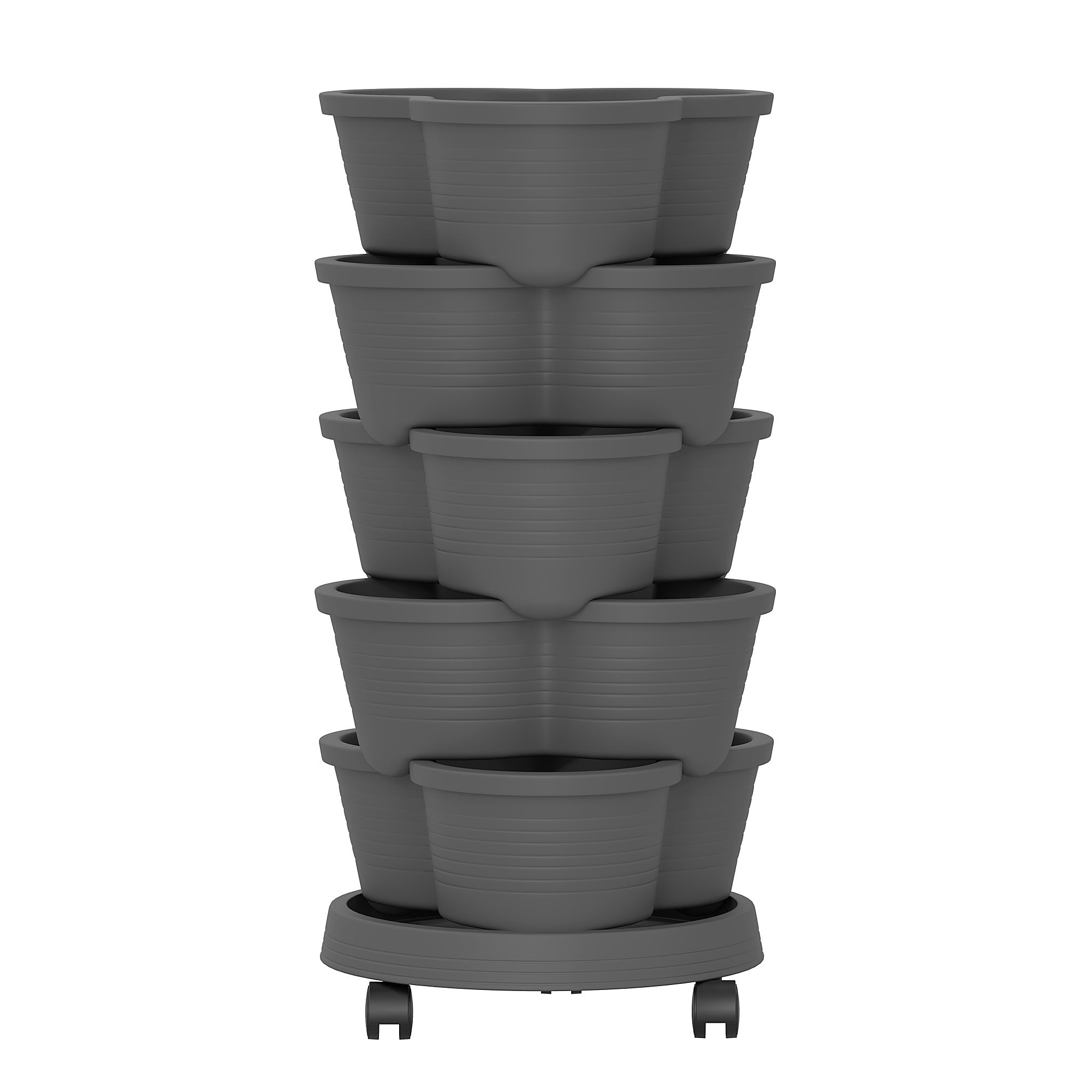 VECELO Stackable Planters 5 Tier Vertical Gardening Planter, Stackable Garden Tower Indoor Outdoor Pot For Strawberries, Flowers, Herbs, Vegetables With Removable Wheels, Dark Gray