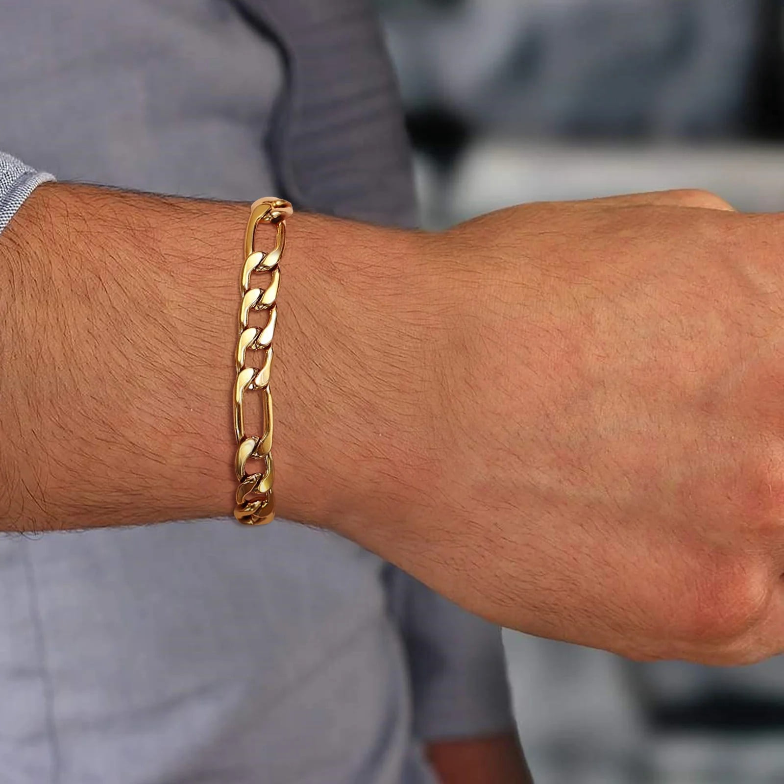 7MM Figaro Chain Bracelets for Men Women,Simple Punk 14K Yellow Gold Link Wristband Jewelry Gift,Length Adjustable