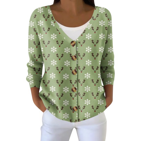 Women's Fashion Long Sleeve Christmas Snowman Snowflake Print Jacket Cardigan for Holiday Party and Casual Daily Wear,Dark Green,S