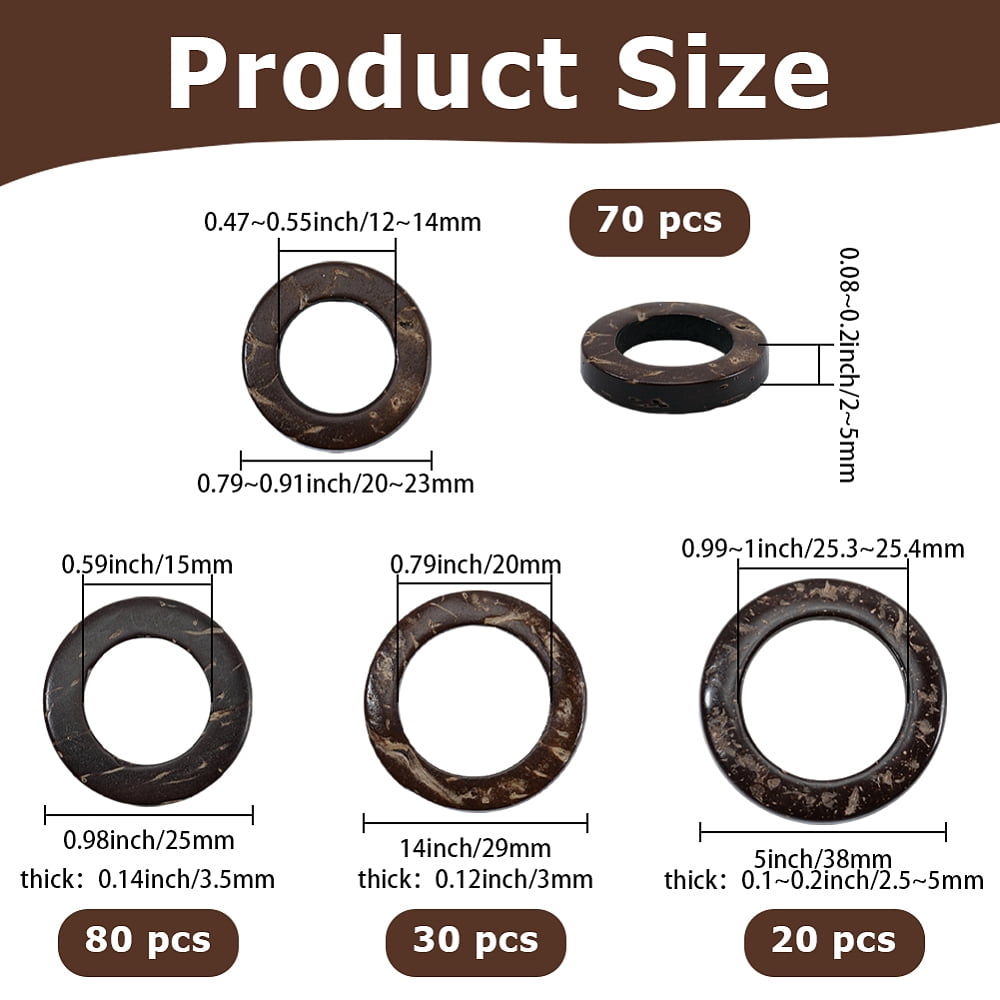 200Pcs 4 Styles Coconut Linking Rings Ring Wood Jewelry Findings Coconut Brown 20~29x2~5mm DIY