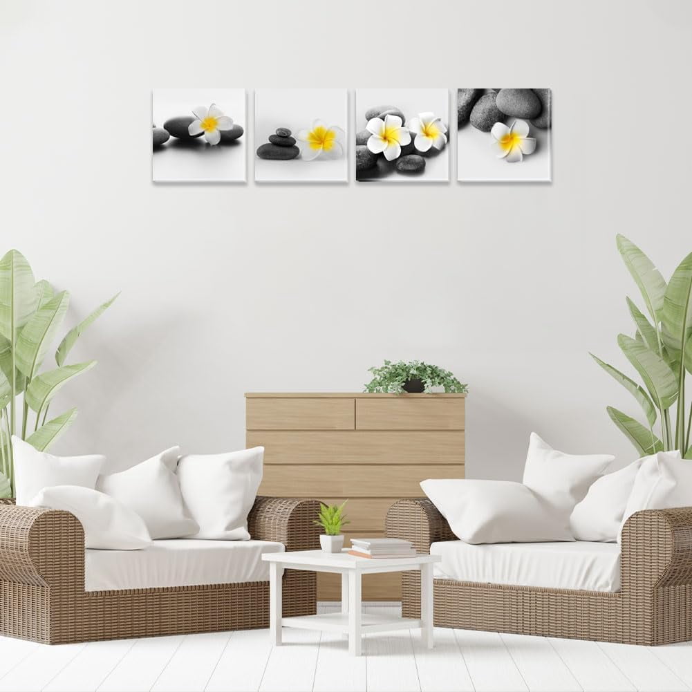 Black and White Zen Stone Wall Art Yellow Flower Picture Still Life Canvas Relaxing Painting Home Office Bathroom Decor