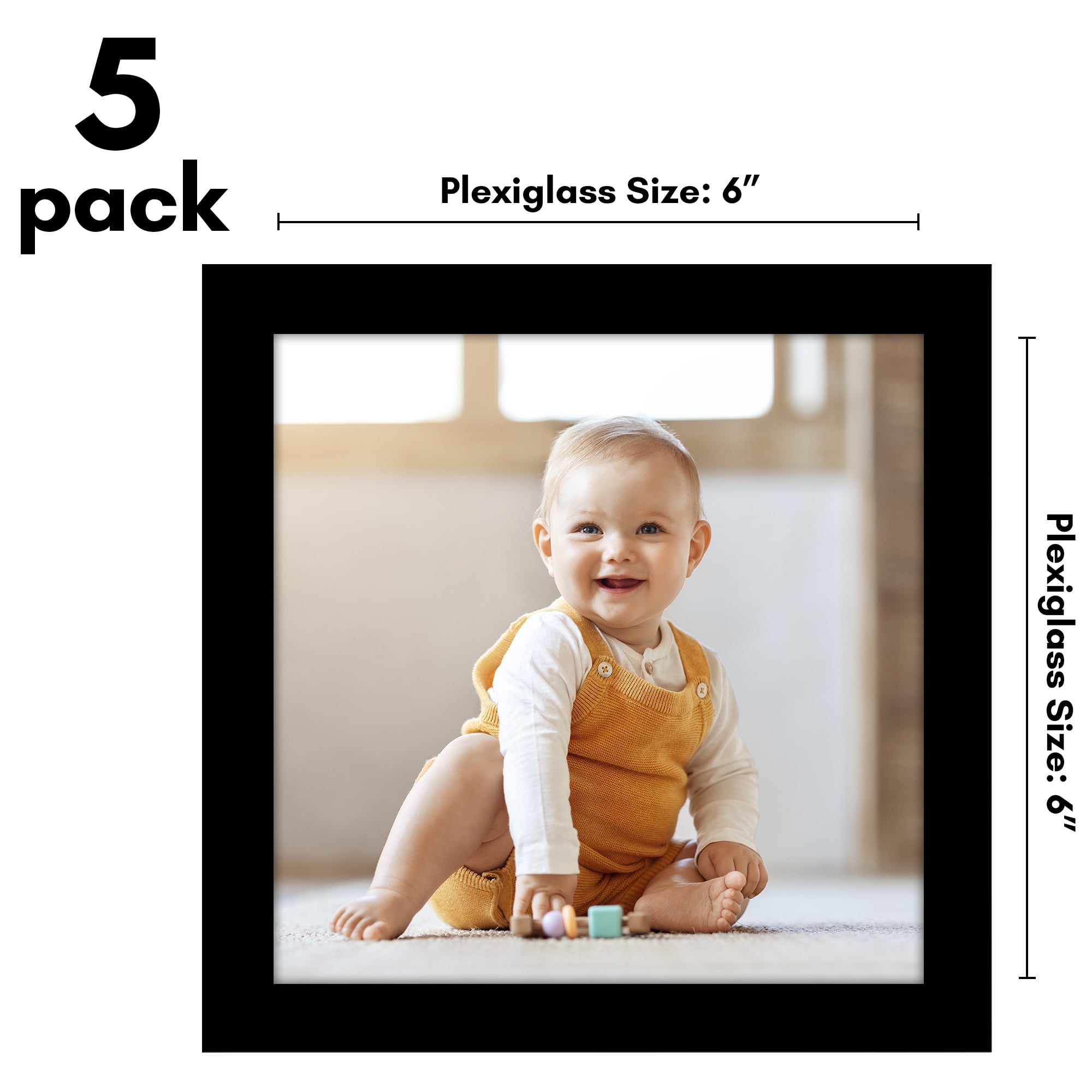 Americanflat 6x6 Picture Frame with Polished Plexiglass 5 Pack Galleria Collection Square Frames Wall - Black
