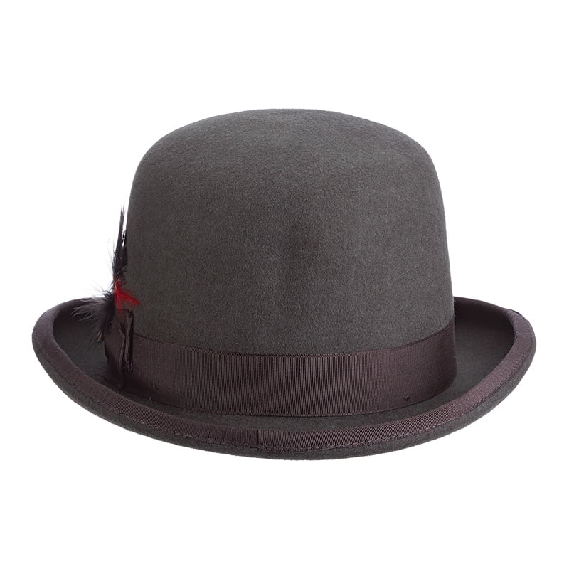 Maz 100% Wool Felt Derby/Bowler Hat - Classic Black With Feather & Pearl Accent