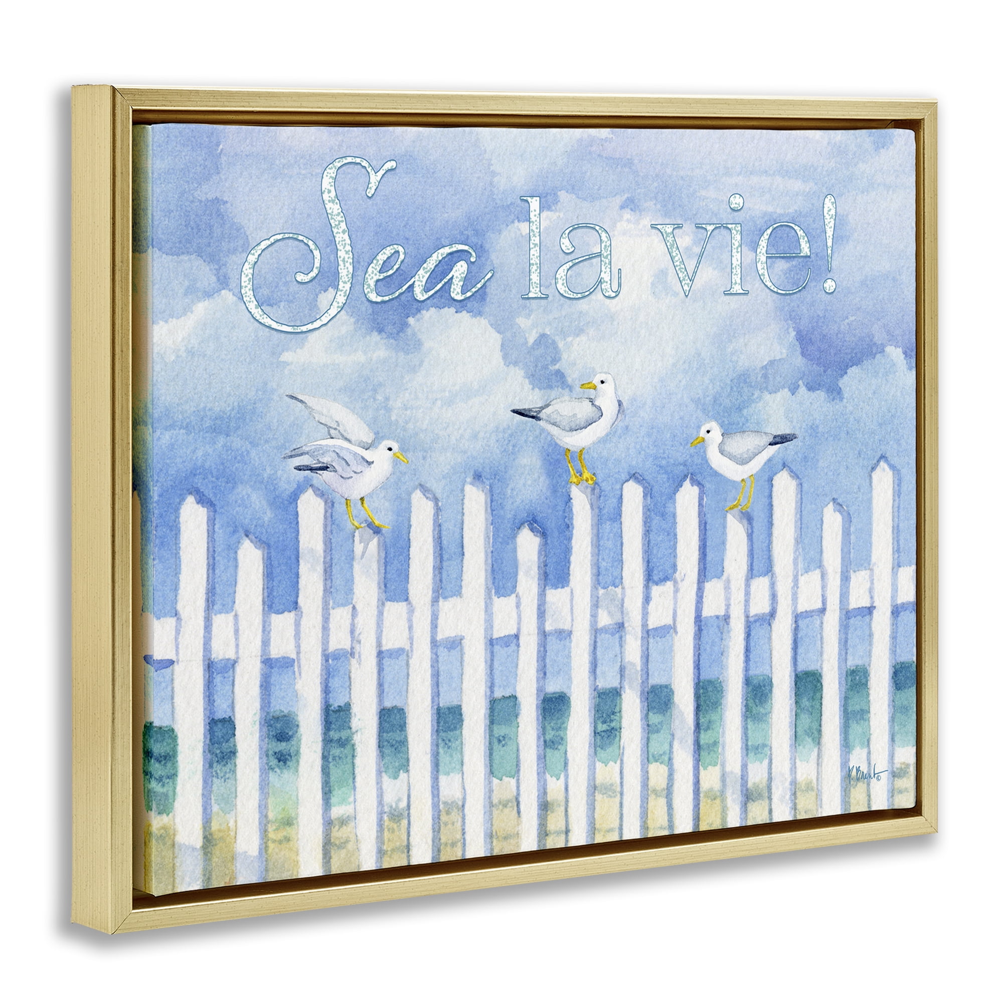Stupell Industries Seagulls on Beach Fence Holiday Painting Gold Floater Framed Canvas Art Print Wall Art, 21 x 17
