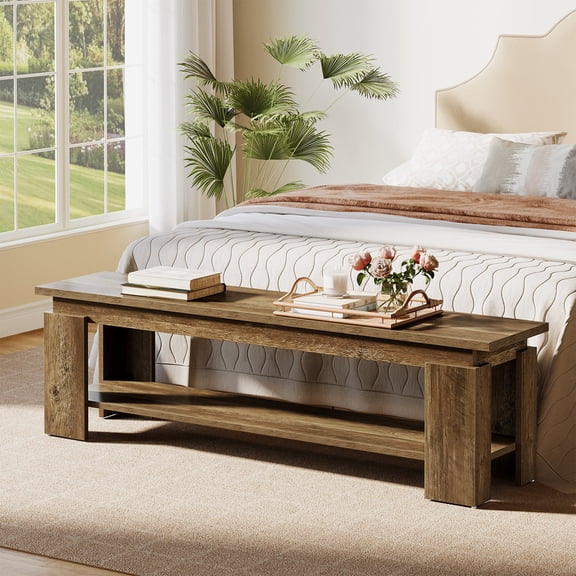 Tribesigns 63" Long Bedroom Bench With Storage Shelf, Farmhouse End Of Bed Bench For King/queen Bed, Rustic Brown
