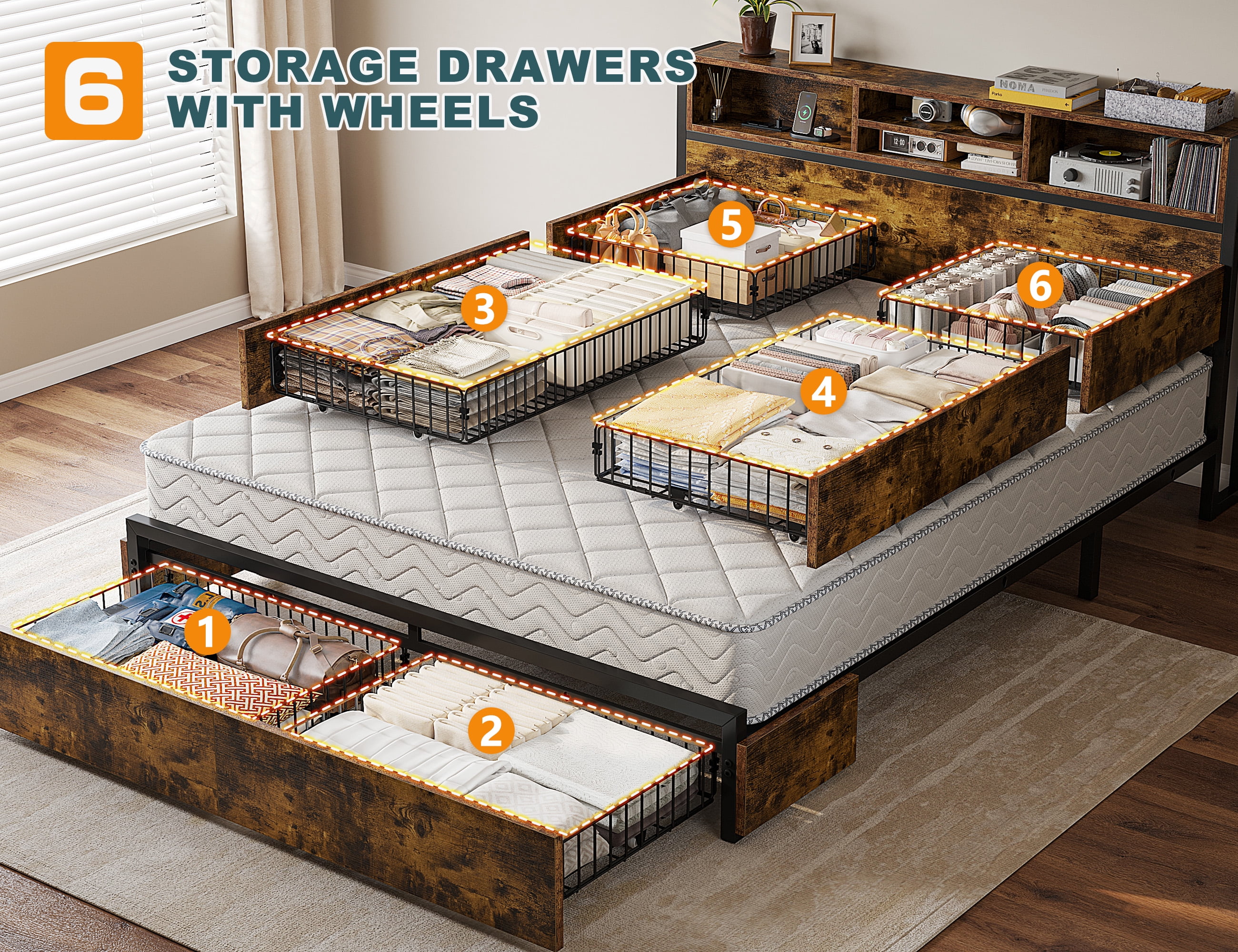 EnHomee Queen Bed Frame with 6 Storage Drawers Queen Bed Frame with Headboard & Charging Station No Noise,Vintage Brown