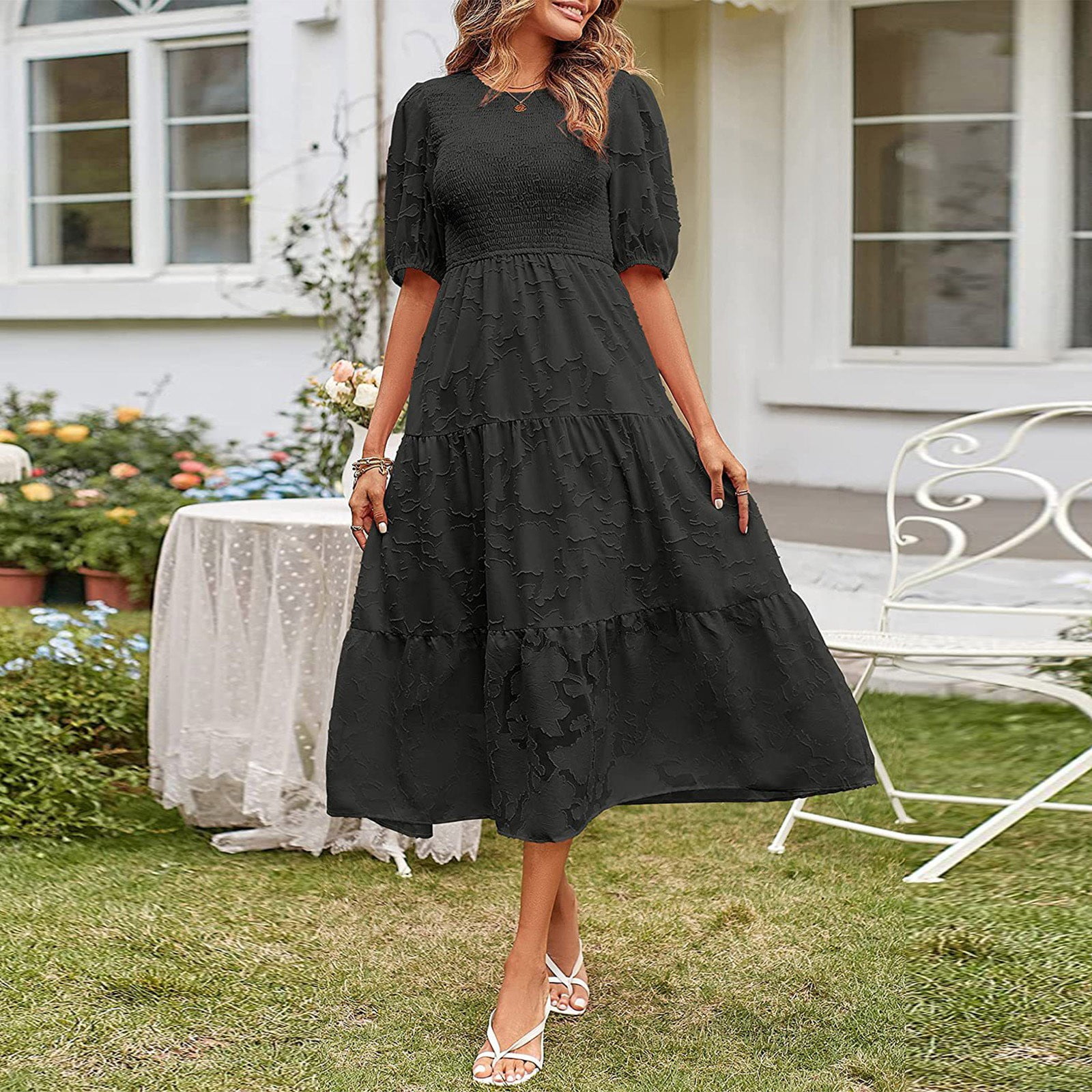 Maxi Dress With Sleeves Women's Round-Neck Casual Short Sleeve