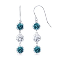 Gem Stone King 925 Sterling Silver London Blue Topaz and White Moissanite 3 Stone French Wire Dangle Earrings for Women (3.80 Cttw, Gemstone November Birthstone, Round 5MM)