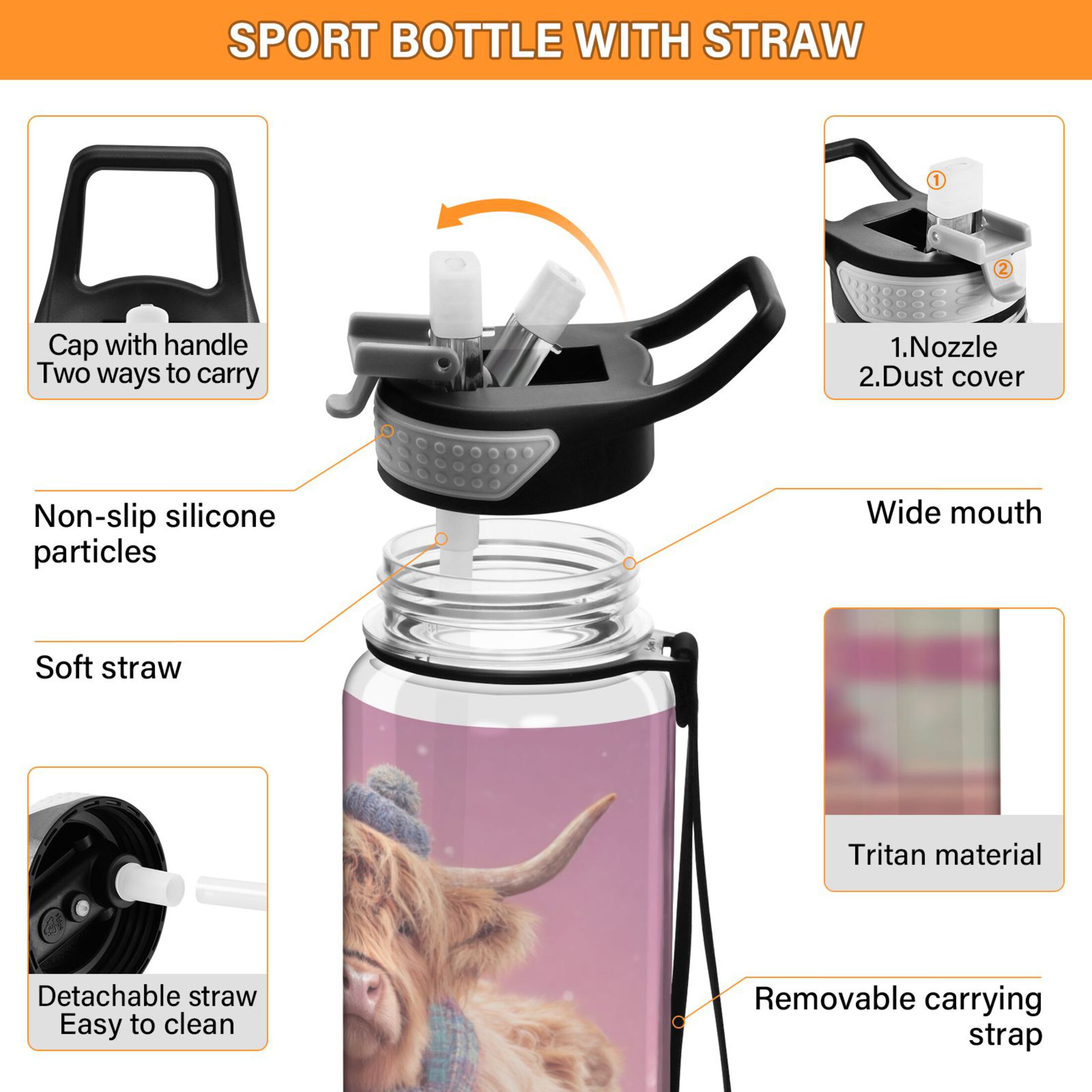 1000ML Transparent Sports Water Bottle with Handle & Straw Portable Water Bottle for Outdoor Camping Gym Cow Wearing Christmas