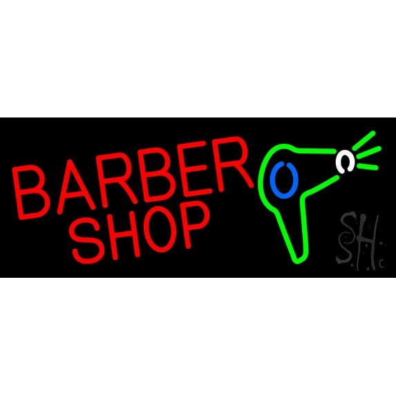 Barber Shop With Dryer And Scissor LED Neon Sign 13 x 32 - inches, Black Square Cut Acrylic Backing, with Dimmer - Bright and Premium built indoor LED Neon Sign for Defence Force.