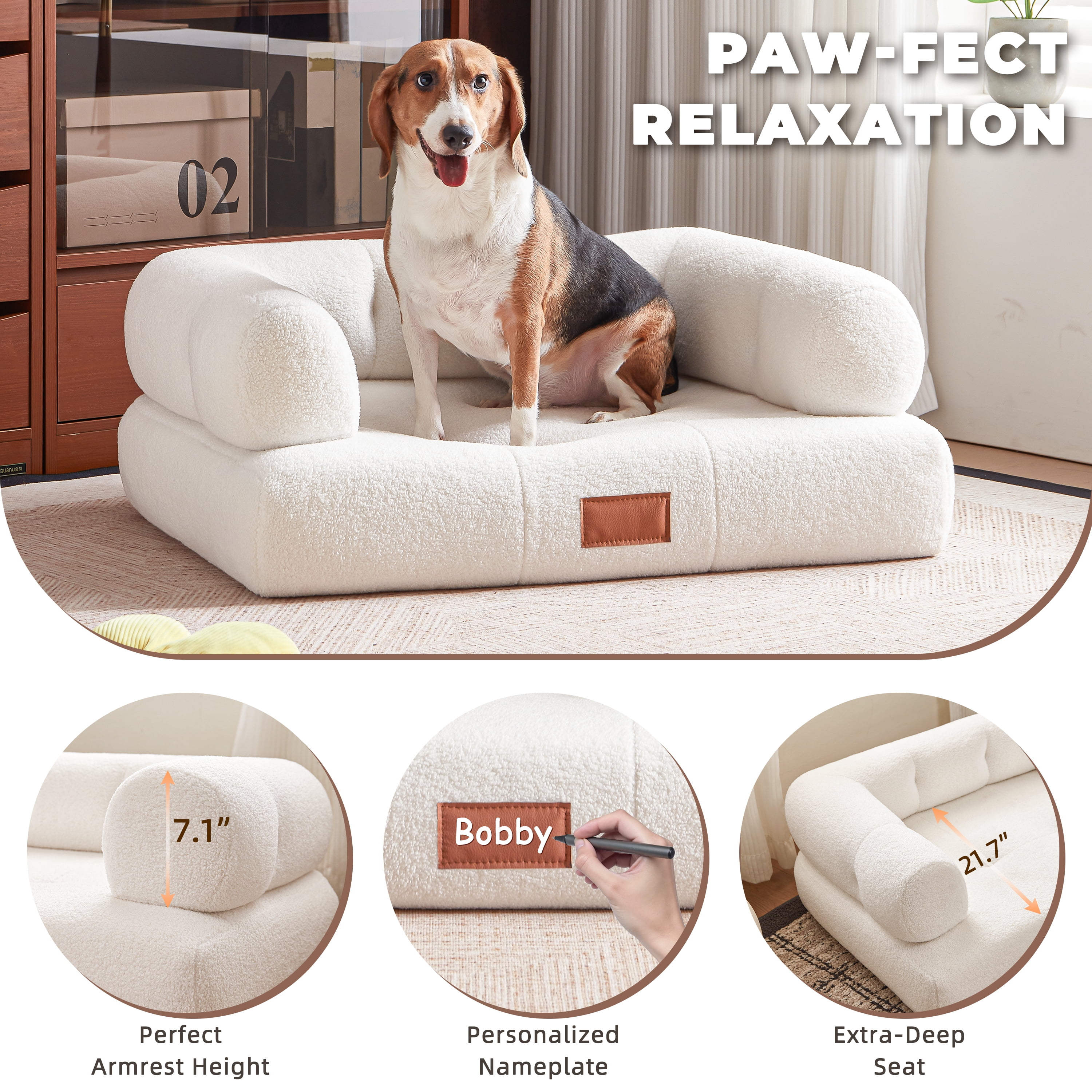 Faux Shearling Dog Bed Couch For Large Dogs Up To 70lbs, No Assembly Orthopedic Elevated Pet Sofa Bed, Furniture Style Comfy Dog Couch Bed, White