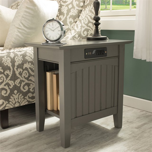 AFI Table d'Appoint en Bois Massif avec Chargeur d'Appareils, Gris