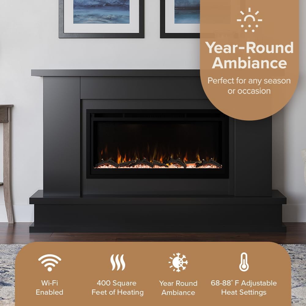 Modern Ember Patton 64" Black Mantel Electric Fireplace Package, 42" Firebox, 5 Flame Colors, 10 Ember Bed Colors, Log & Crystal Kits, Alexa/Wi-Fi Enabled